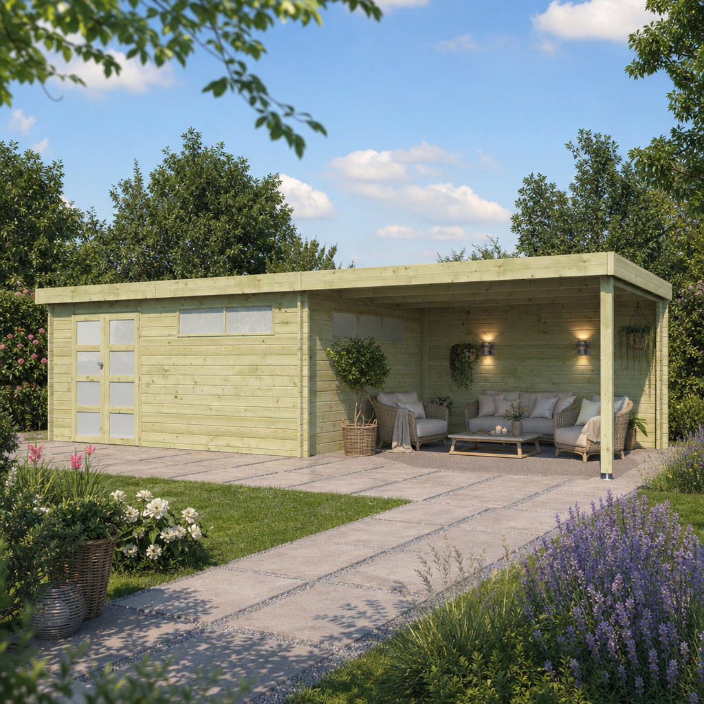 26 % Discount! Flachdach Gartenhaus Modell Nelo 44 E mit 400 cm A 32m²
