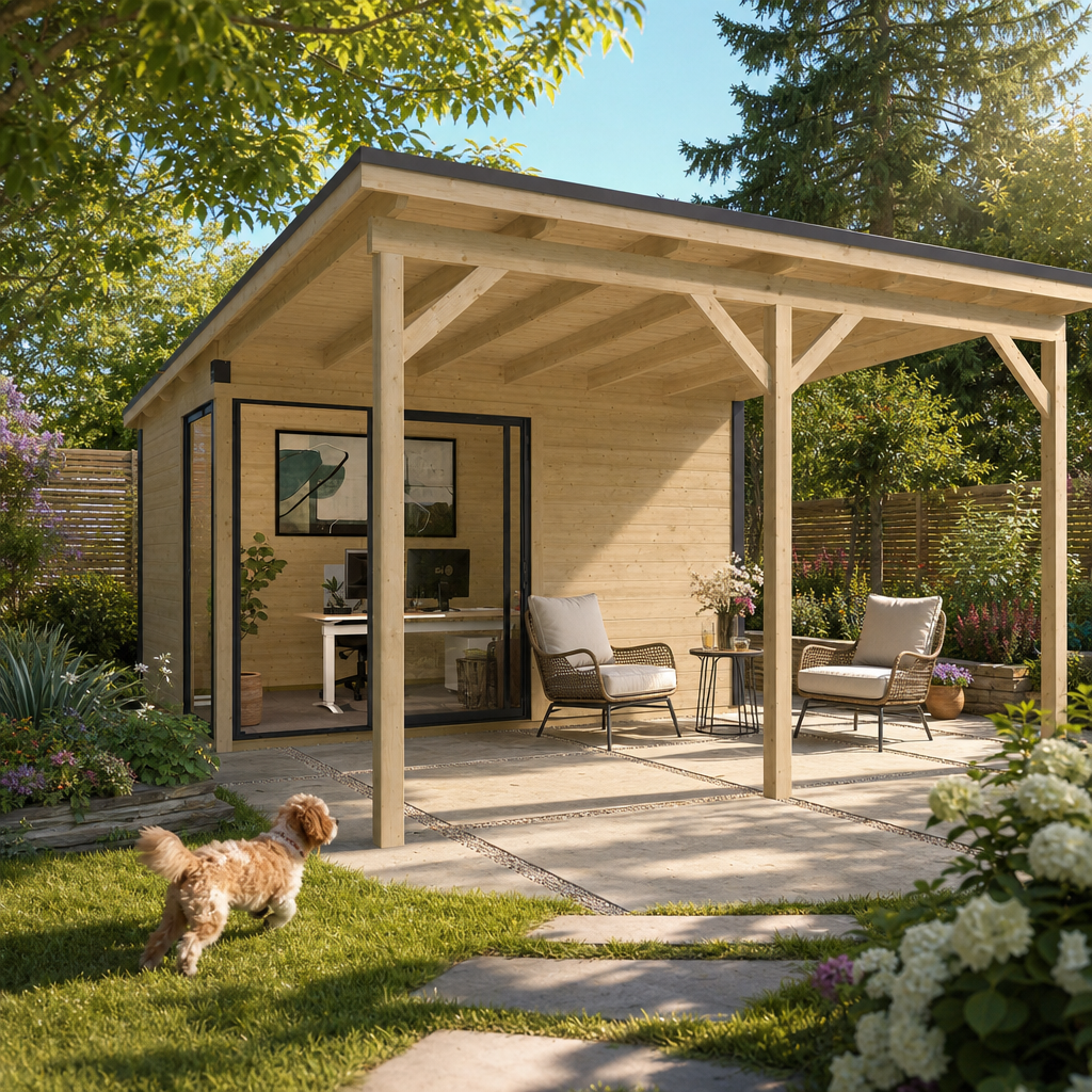 26 % Discount! Fjordholz Gartenhaus Modell Amrum-2 mit Vordach 12m²