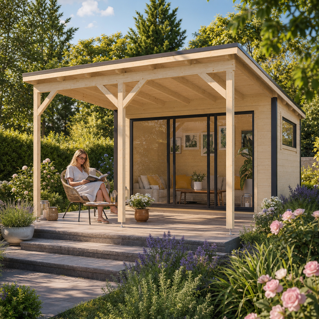 26 % Discount! Fjordholz Gartenhaus Modell Poel-1 mit Vordach 12m²