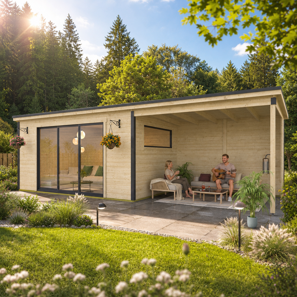 26 % Discount! Fjordholz Gartenhaus Modell Poel-3 mit Anbau 18m²