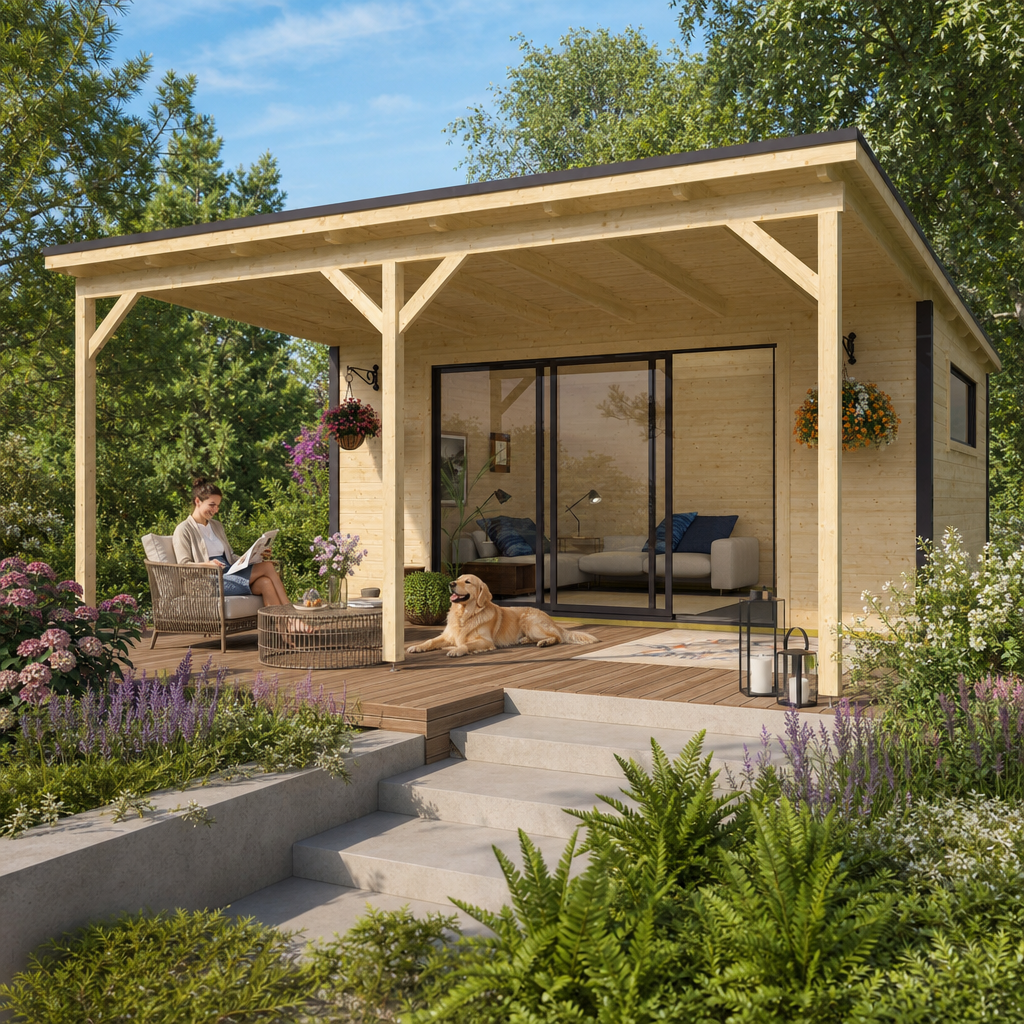 26 % Discount! Fjordholz Gartenhaus Modell Poel-4 mit Vordach 20m²