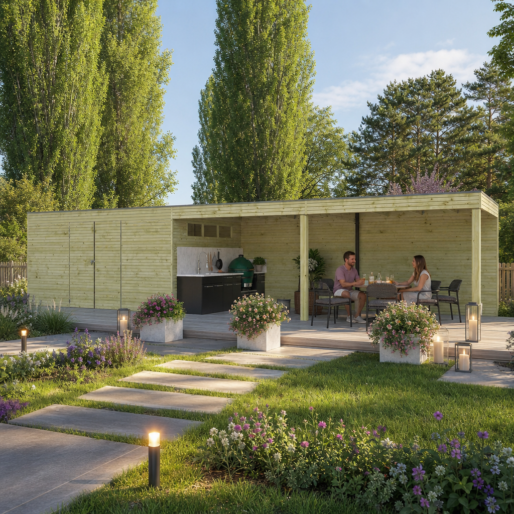 Fjordholz Gartenhaus Modell QB-Line 12,60 m² + 600 cm Anbau im gestalteten Garten