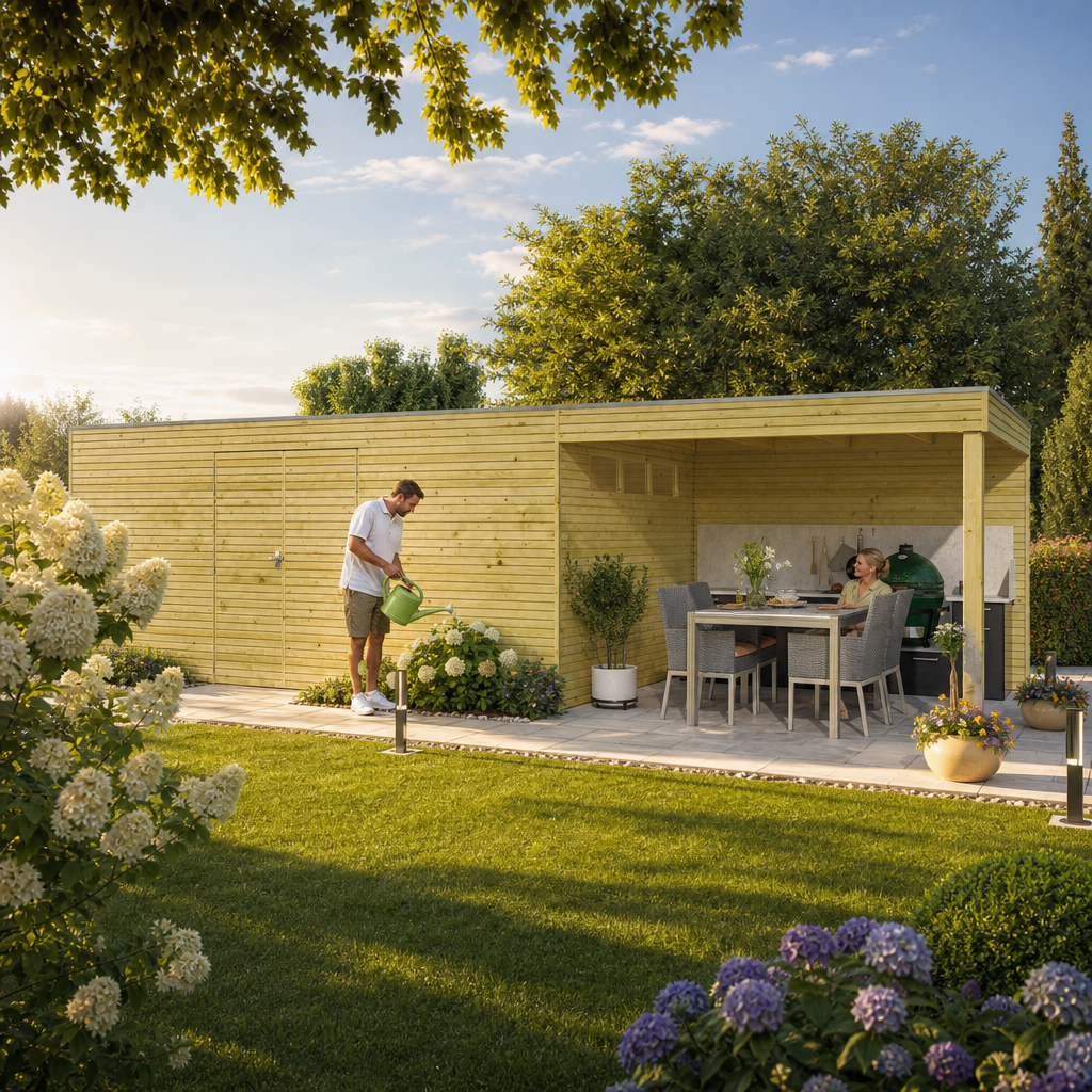 26 % Discount! Gartenhaus Modell QB-Line 15,30 m² + 300 cm Anbau 64m²