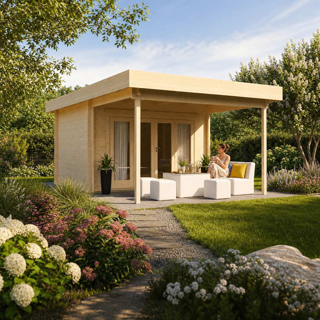 Fjordholz Gartenlounge Modell Sandra 44 D im gestalteten Garten