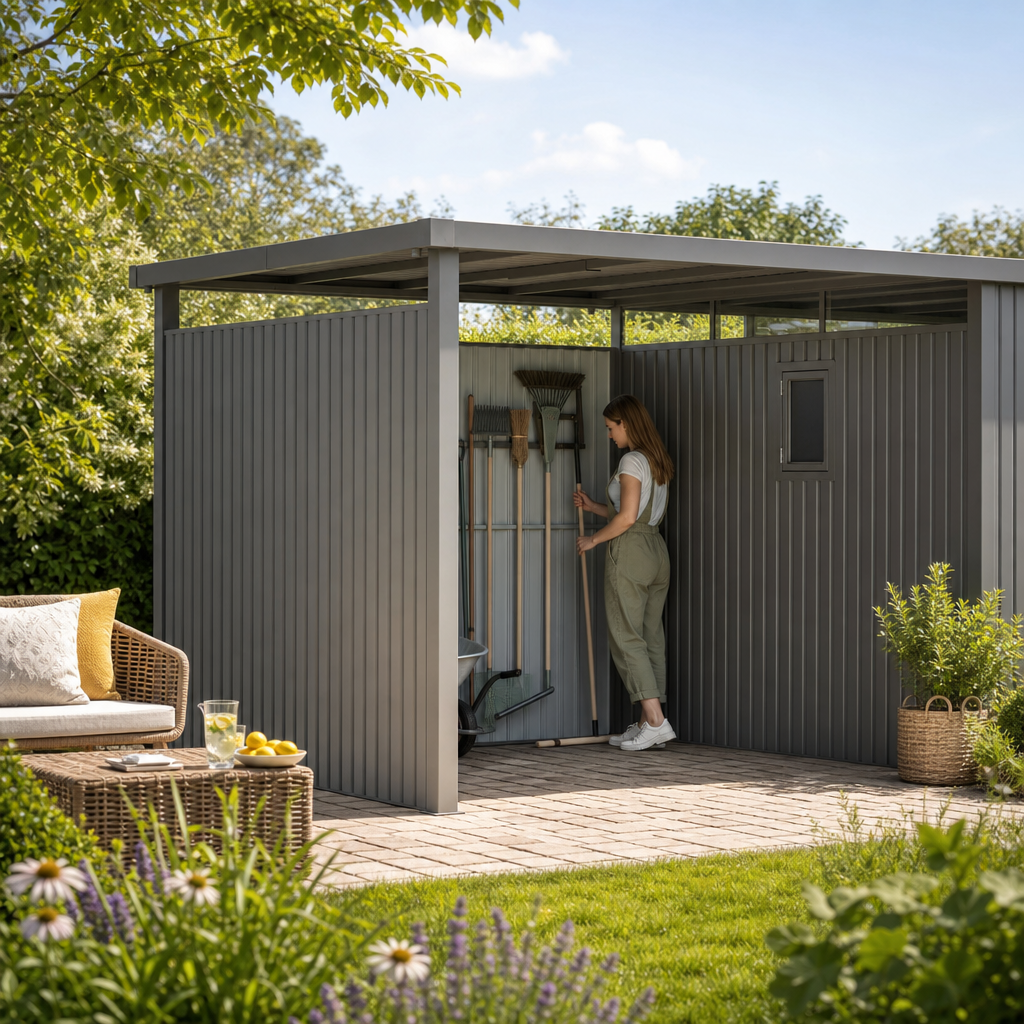 Fjordholz Wandset für Seitendach Gerätehaus Style 7,56 m² Al im gestalteten Garten